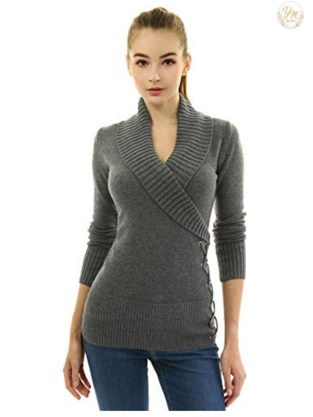 Women Slim Fit Shawl Collar Faux Wrap Lace Up Long Sleeve Sweater Acrylic